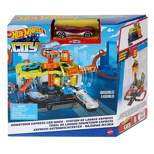 Hot Wheels City Toy Track Set, Downtown Express Car Wash Playset with 1:64 Scale Vehicle, Foam Roller & Drying Flaps