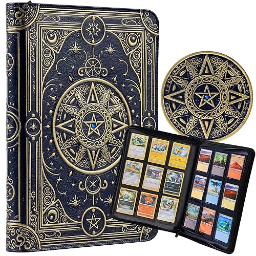 Star Mage Trading Card Binder - 9 Pocket Ringless TCG Binder - Premium Faux-Leather - 432 Side-Loading Pockets - Perfect Storage Holder for MTG, and Many TCG & Trading Card Collections (Blue Jewel) - Navy Bronze + Blue Jewel