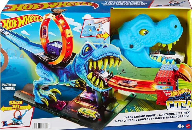 Hot Wheels City Toy Car Track Set, T-Rex Chomp Down with 1:64 Scale Vehicle, Knock Out The Giant Dinosaur with Stunts, Connects to Other Sets - T-Rex Chomp Down