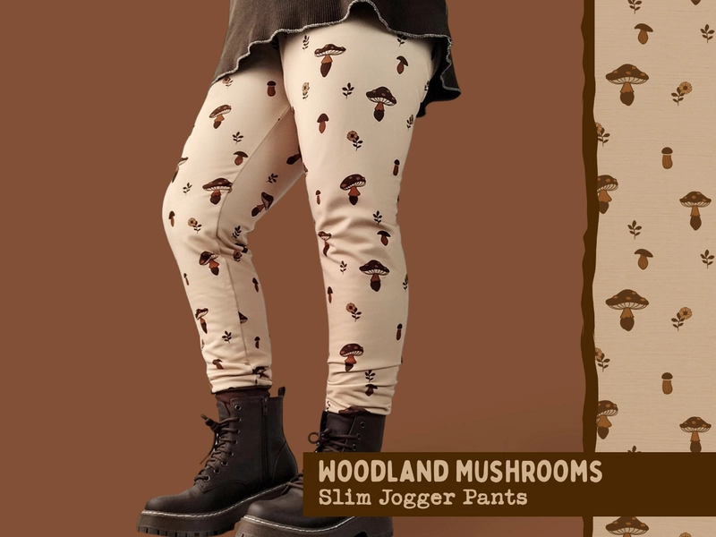 Woodland Mushroom Pants | Beige + Brown Cozy Cottagecore Clothing | Hobbitcore | Goblincore | 1970s vintage aesthetic | small - plus sizes