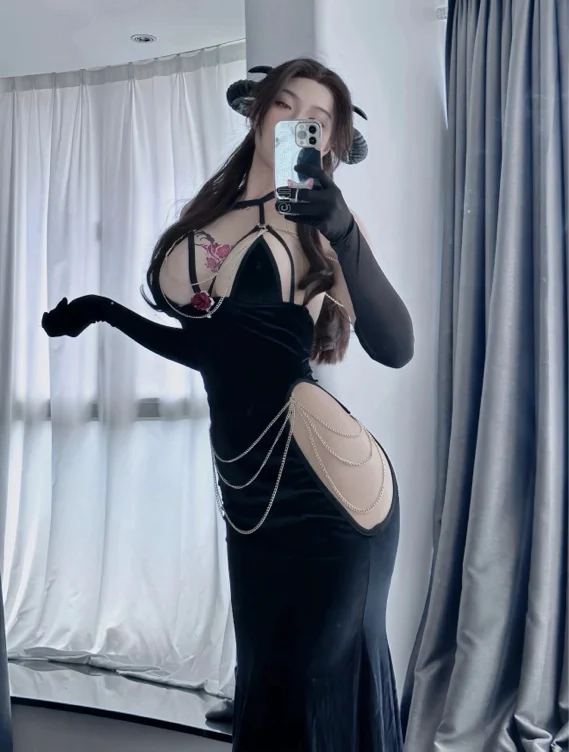 Anime Overlord Albedo Chain Evening Dress - Black Dress