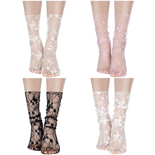 Bencailor 4 Pairs Women Sheer Slouch Socks Lace Socks Mesh Socks Novelty Decorated Socks Nylon Socks Loose Ankle High - One Size - Black, White, Apricot, Pink