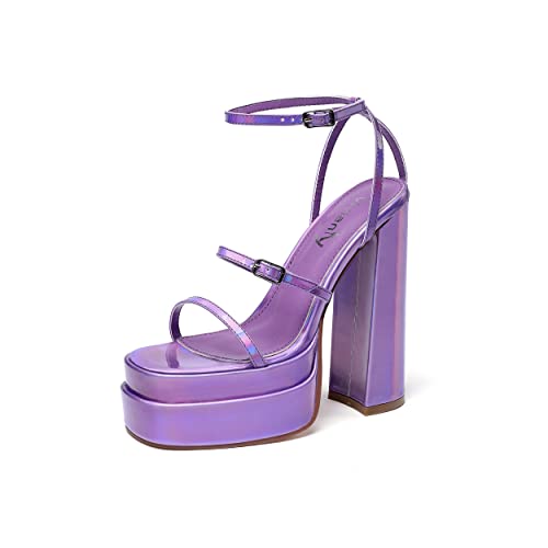 vivianly Womens Platform Ankle Strap Sandals Open Toe Chunky Block High Heels - 7.5 - Purple