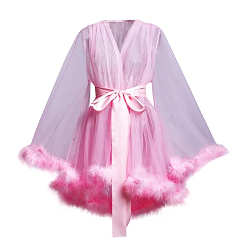 BPURB Women's Tulle Robe with Feather Photoshoot Bathrobe Illusion Wedding Gown for Party - Medium - Pink