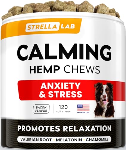 Hemp Calming Chews for Dogs - Dog Calming Treats - Anxiety Relief Treats - Dog Calming Chews - Stress - Sleep Calming Aid - Health & Wellness Supplements for Dog Separation Barking - 120 Treats - 120 Ct (Bacon) - (CALMING) Hemp Chews