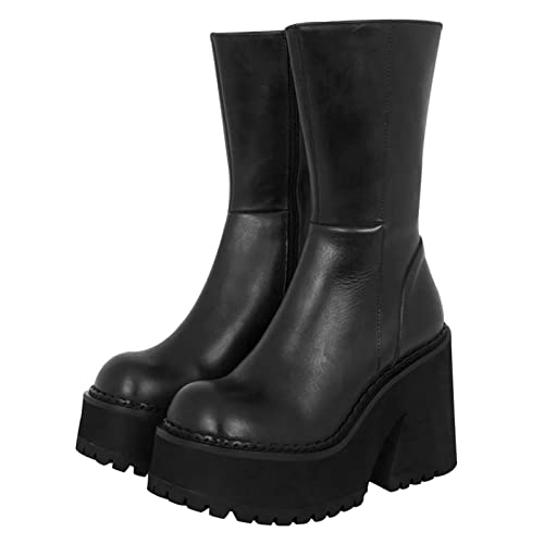 AMINUGAL Womens Wedge Heel Ankle Boots Platform Zipper Punk Motorcycle Booties Chunky Block High Heel Round Toe Fashion Work Combat Boots Mid Calf For Women - 7.5 - Black