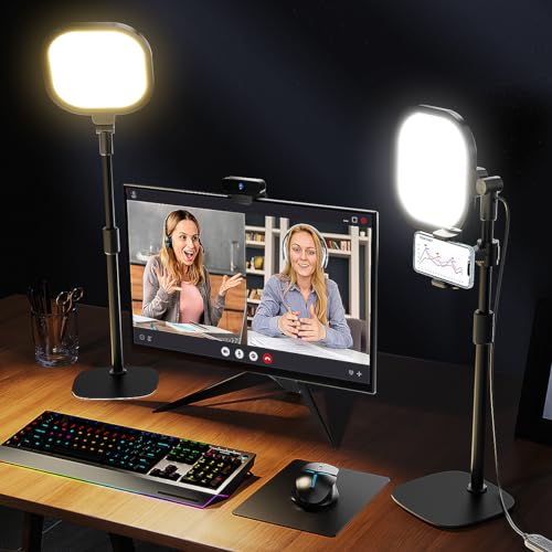 LitONES 2Pcs Desktop Video Conference Light for Zoom Meeting, Computer, Laptop, Work from Home with Nature Soft Light, Adjustable Brightness & Color Temp and Flexible Stand & Versatile Phone Holder - 2Pack