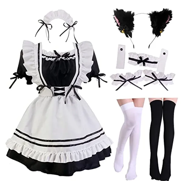 GKMAJKMB Japanese Maid Outfit Anime French Maid Apron Classic Lolita Fancy Dress Cosplay Costume for Halloween Party