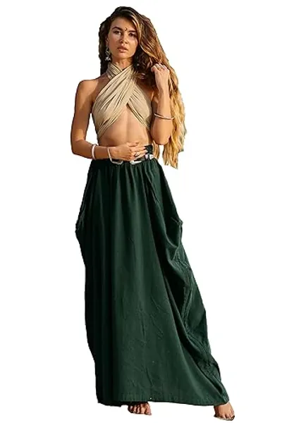 Thaluta Women's Maxi Boho Skirt with Pockets Bohemian Organic Cotton Hippie Gypsy - One Size - Hunter Green