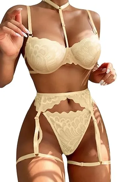Lilosy Sexy Choker Floral Lace Underwire Push Up Garter Belt Lingerie Set for Women Sheer Bra and Panty 3 Piece - X-Small - Beige