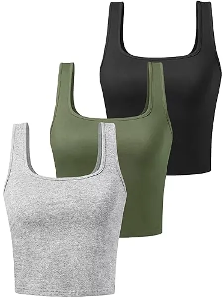Sports Crop Tank Tops for Women Cropped Workout Tops Racerback Running Yoga Tanks Cotton Sleeveless Gym Shirts 3 Pack - Olive Green/Gray/Black (Square Neck) - Small