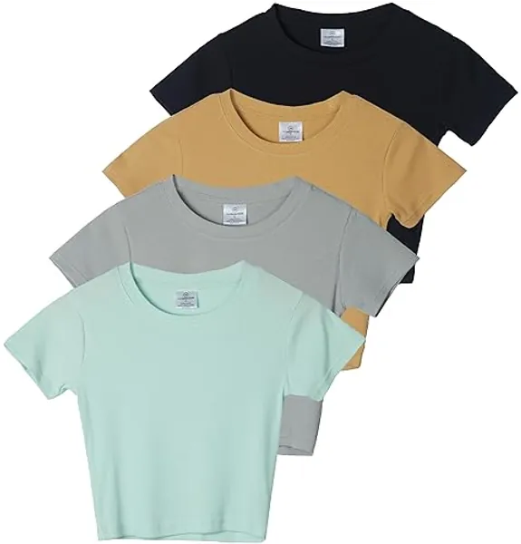 Real Essentials 4-Pack: Women's Short Sleeve Ribbed Knit Cotton Crew Neck Crop Top T-Shirt - (Available in Plus) - Standard - Small - Set 2