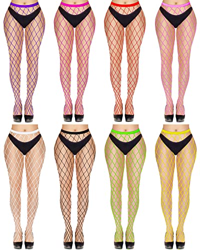 Yahenda 8 Pairs Fishnet Stockings High Waist Tights Fishnet Tights Thigh High Mesh Pantyhose for Halloween Cosplay Costumefe - Large - Black, White, Pink, Rose Red, Yellow, Green, Red, Purple