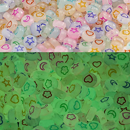 500 Pcs Acrylic Glow in The Dark Stars Moon Hearts Petal Beads Bracelets for Jewelry Making for Bracelets Heart Beads for Jewelry Making - glowing star moon heart