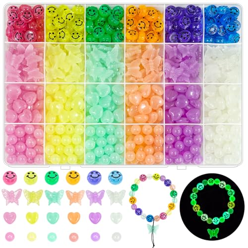 636Pcs Candy Color Acrylic UV Beads Glow in The Dark Beads Smile Face Bead Heart Bead Butterfly Bead Color Changing Sun UV Reactive Plastic Solar Hair Beads for Bracelet Necklace Jewelry Making (Glow) - Glow