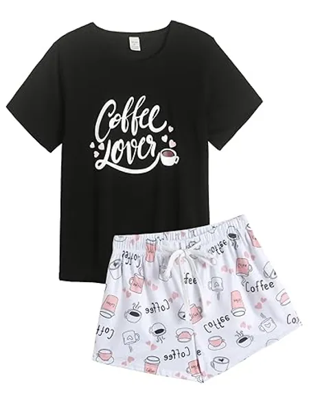 VENTELAN Pajama Set For Women Cute PJS Summer Short Sleeve Shorts Sleepwear - Medium - Black-coffee