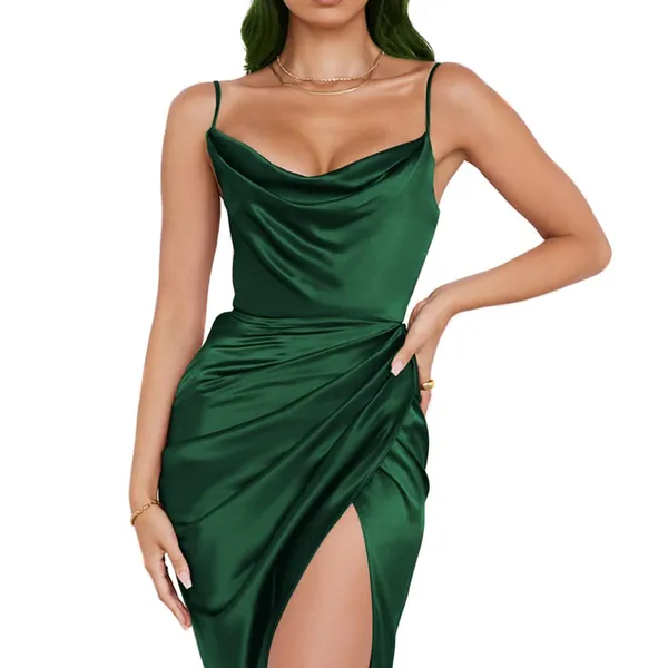 KBRPEY Sexy bodycon maxi-jurk Cami nauwsluitende jurk, dames spaghettibandjes midi-jurk asymmetrisch figuurbenadrukkende mouwloze jurk strakke zomerjurk partyjurk met split - Donkergroen S