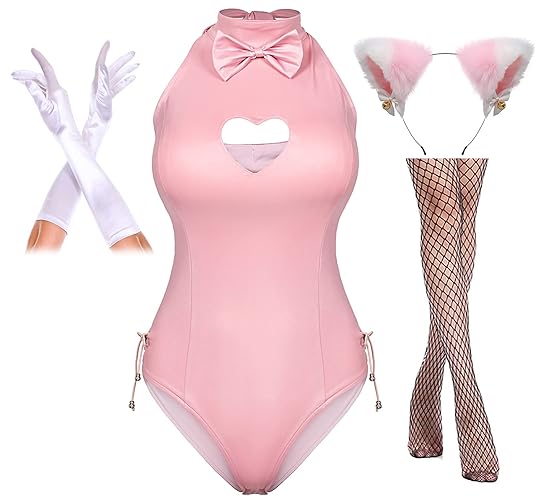 Yuriko Womens Bunny Costume Girl Suit Button Crotch Romper Onesie Bodysuit Cosplay Costume Furry Cat Ear Gloves Socks set(Pink S) - Small - Pink