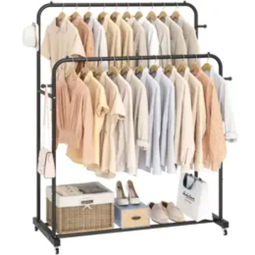 UDEAR Double Rods Garment Rack with Wheels, Clothing Rack for Hanging Clothes,4 Hooks, Multi-functional Bedroom Clothes Rack, Black