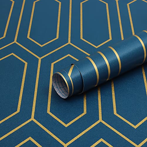 Safiyya Contact Paper Gold and Blue Wallpaper Geometric Contact Paper Textured Wallpaper Self Adhesive Removable Wallpaper for Walls Vinyl Roll 78.7"x17.3" - 17.3" x 78.7" - Dark Blue and Gold