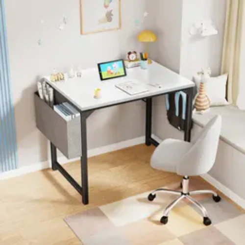 SweetFurniture Small Computer Desk Writing Desk Home Office Desks Small Space Desk Study Table Modern Simple Style Work Table with Storage Bag and Iron Hook, Wooden Desk for Home, Bedroom