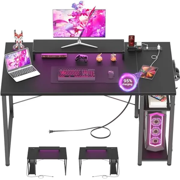 armocity Computer Desk with LED Lights, Gaming Desk with Power Outlet and USB, 40 Reversible Laptop Table with Moveable Monitor Stand, Small Desk for Small Spaces, Office, Gaming Room, Black