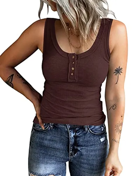 KINLONSAIR Women's Sleeveless Henley Tank Tops Ribbed V Neck Button Down T Shirts Summer Slim Fit Tee Tops