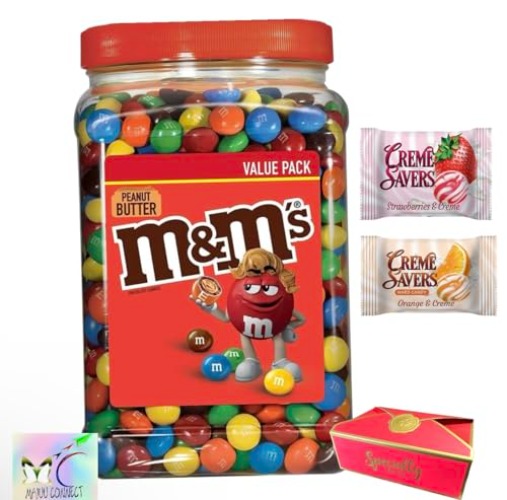 M&MS Bulk (M&MS Peanut Butter Milk Chocolate (1 Pack) Candy Jar | (55 oz) MAJUU CONNECT Candy Box included specially for you |Classic Creamsaver hard candy Orange & Straberry Included. - M&MS Peanut Butter Chocolate BulK (1 Pack)