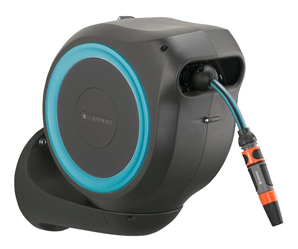 Gardena Wand-Schlauchbox RollUp S (türkis) 15 m: Flexible Bewässerung für kleine Gärten, schwenkbare Trommel, mit Wandhalterung, Systemteilen und Spritze, inkl. 15 m Gardena Schlauch (18600-20) - Türkis