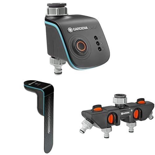 Gardena smart Water Control Bundle: Intelligenter Bewässerungscomputer mit smart App steuerbar, + Gardena smart Sensor + Gardena 4-Wege-Verteiler: Anschlussmöglichkeit Für Bis Zu 4 Geräte