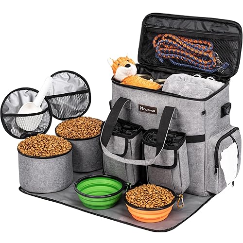 Airline Approved Dog Travel Bag with 2 Dog Treat Training Pouches, Dog Tote Organizer for Weekend Pet Travel Supplies & Accessories, 2 Collapsible Dog Bowls, 2 Travel Dog Food Container (Grey) - S-Grey