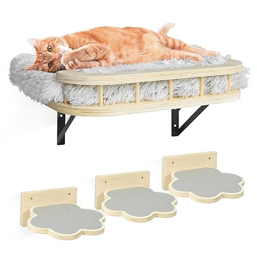 Cat Wall Shelves with Cooling Mat and Plush Cushion, Cat Shelves and Perches for Wall with 3 Wall Steps, Cat Wall Furniture Cat Climbing Shelf Cat Scratching Post for Sleeping, Playing, Gift for Cat - Burlywood,1 Wool Mat Cat Shelf+3 Steps