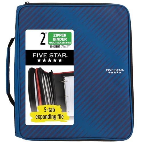 Five Star Zipper Binder, 2 Inch 3-Ring Binder for School, 6 Pocket Expanding File, 380 Sheet Capacity, Cobalt Blue (72534) - Blue - Binder