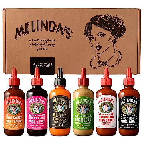 Melinda’s Craft Wing Collection - Craft Wing Sauce & Condiment Gift Set for Buffalo Wings - Black Truffle Hot Sauce, Thai Sweet Chili, Sticky Asian, Garlic Parmesan, Habanero, & Ghost Pepper Wing Sauce - 12 oz, 6 Pack - Craft Wing Collection
