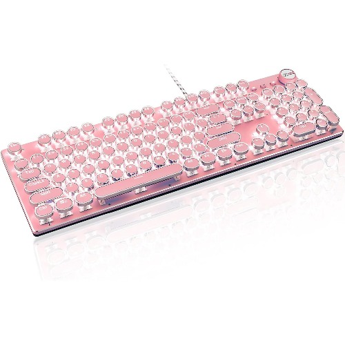 LexonElec Typewriter Style Retro Wired Mechanical Gaming Keyboard,Vintage Steampunk Keyboard with White Backlit,104-Key Blue Switch Cute Keyboard,Round Keycaps Knob Control for PC/Windows/Mac - PINK White LED