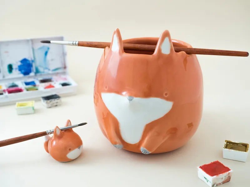 Handmade Ceramic Fox Watercup with Brushholders