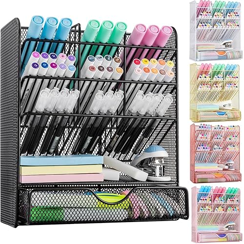 Spacrea Metal Pen Organizer, Pencil Holder for Desk, Desk Organizer with Drawer for School, Home, Art Supplies (Black) - Black