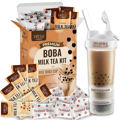 Fresh Finest Instant Boba Tea Kit with Tapioca Pearls + Reusable Boba Cup & Straw (6 Servings) Bubble Tea Kit - 6 Classic Milk Tea Packets & 6 Bubble Tea Pearls Packets - Ideal Gift For All Occasions - Classic Milk Tea Kit With Reusable Cup