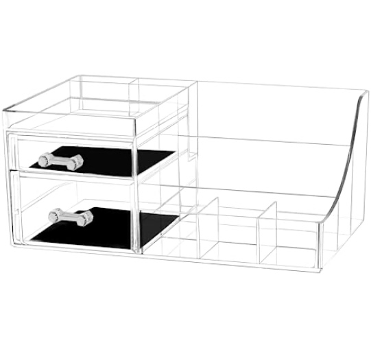 Simbuy Clear Make up Organizer and Storage Cosmetics Organizer with Drawers, Bathroom Counter or Dresser,Vanity Holder for Lipstick, Brushes, Lotions, Eyeshadow, Nail Polish and Jewelry - Clear; 2 Drawers