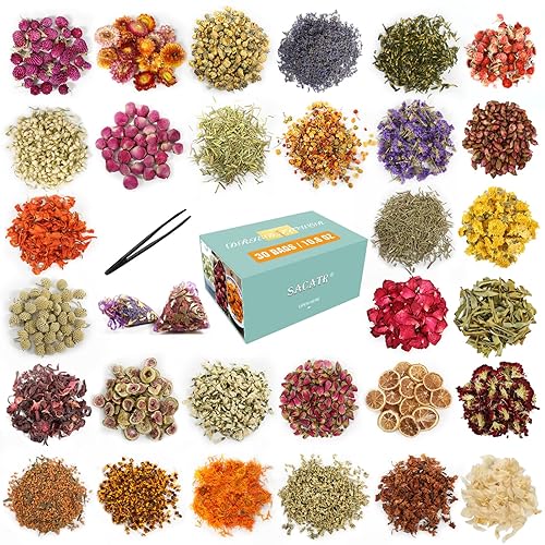 30 Bags Dried Flowers,100% Natural Dried Flowers Herbs Kit for Soap Making, DIY Candle Making,Bath - Include Rose Petals,Lavender,Don't Forget Me,Lilium,Jasmine,Rosebudsand More - 30 Bags*10g