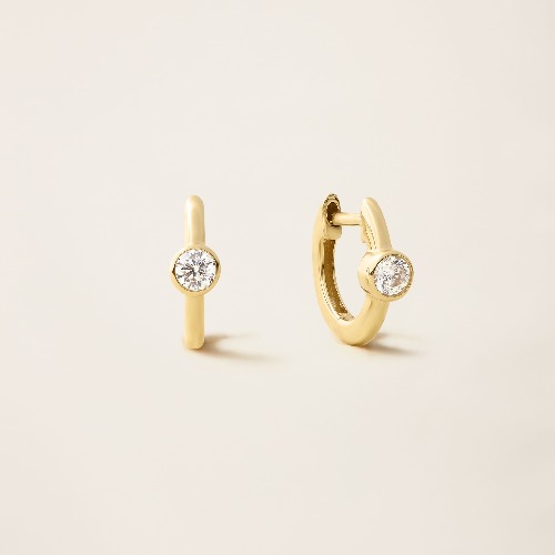 14k Solid Gold Diamond Solitaire Hoop Bezel Earrings - Yellow Gold