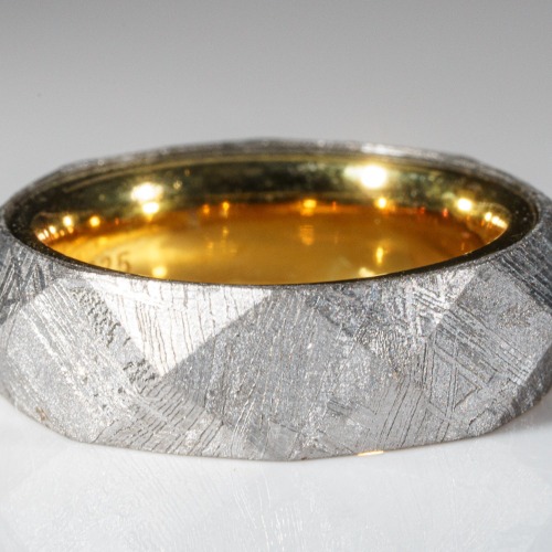 Genuine Natural Seymchan Meteorite Ring with Gold Inner Bezel (Size 5) - 6.5