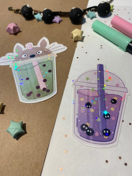 Holographic Bubble Tea Anime Sticker Set Bundle illustration - handmade water resistant glossy Vinyl Sticker - Lumiinae