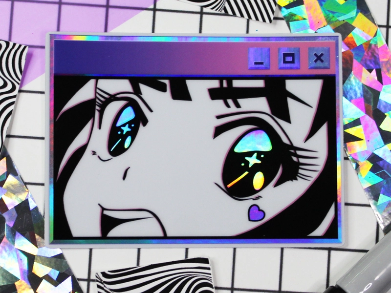 Holographic Vaporwave Anime Girl Sticker | 90s 80s Retro Anime Slap | Vaporwave Girl | Cute Holographic Anime Girl Sticker