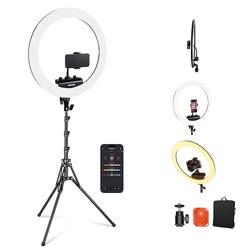 NEEWER Professional Ring Light with Stand and Phone Holder, 18 inch Ultra Thin, 45W 2900K-7000K TLCI98, Remote Shutter & App Control, Softer Lighting for Makeup Live Stream TikTok, RP18B Pro Black - Black