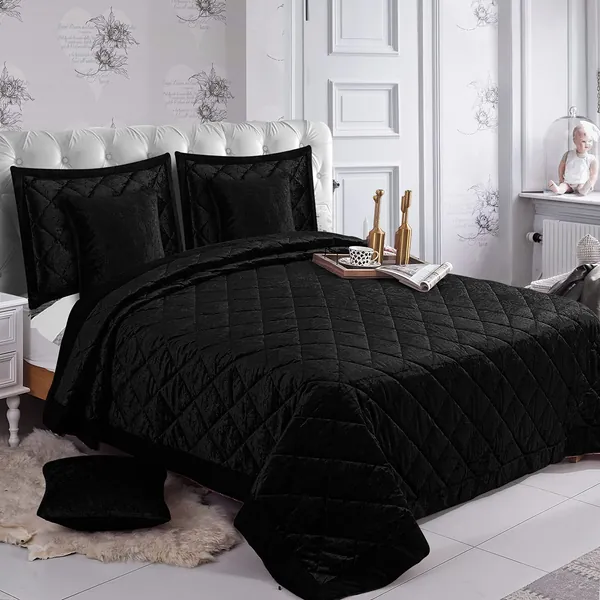 ROOEE 5pcs Luxurious Quilted Bed Spread – Bedding Sets with Super Soft Micro Fibre – Premium Bundle with Bedspread, Oxford Pillow Covers, Cushion Covers – With Crushed Velvet [ Colour Black ]