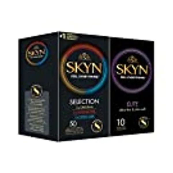 SKYN Selection Condoms Pack of 50 & Elite Condoms Pack of 10 / Skynfeel Latex Free Condoms, 10 x Original, 10 x Intense Feel, 10 x Extra Lube, Regular Size Condoms, Ultra-Thin Condoms