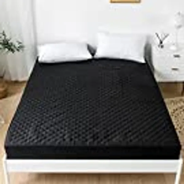 Quilted Waterproof Mattress Protector Double Size,Microfiber Quilted Fitted Sheet,35cm Extra Deep Mattress Cover/Topper (Black, Double)