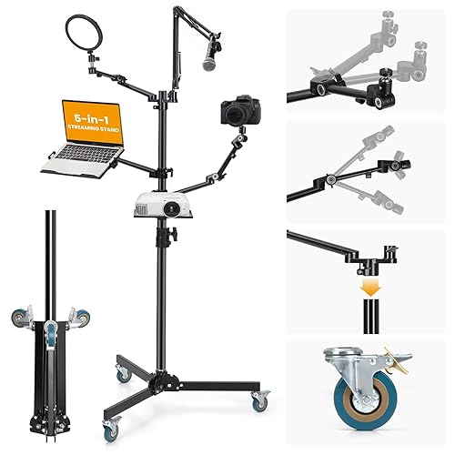 TARION Live Streaming Stand with Wheels - 61"/155cm 5-in-1 Stream Stand Equipment Kit: 1 Mic Boom + 3 Articulated Arms + 1 Projector Holder, Adjustable Heavy-duty Floor Live Tree Stand Setup TitanRig - 5-in-1 Floor Set (V2)