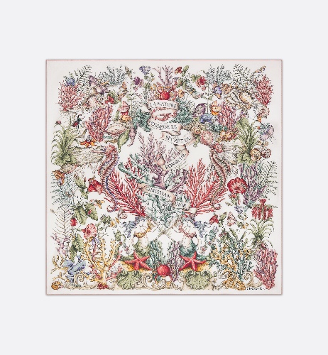 Dior Cabinet de la Mer 90 Square Scarf Ivory and Pink Multicolor Silk Twill | DIOR
